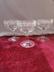 3-Clear Etched Cordial Liquor Stemware Glasses, Stripe and Polka Dot Pattern