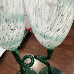 Wine Goblets Blown Art Glass Green And White Set Of 2 8”