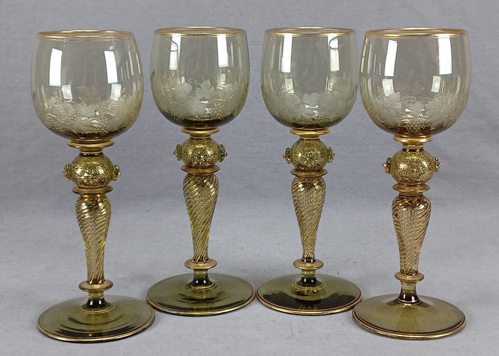 Set of 4 Antique German Bohemian Engraved & Gilt Grapevine Hock Wine Glasses