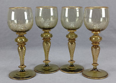 Set of 4 Antique German Bohemian Engraved & Gilt Grapevine Hock Wine Glasses