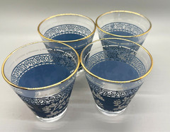 Vintage Jeannette Corinthian Blue Greek Glass Ice Bucket w/ 4 Lowball Glasses