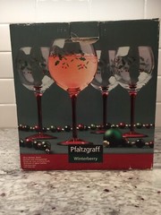 4 Pfaltzgraff Winterberry Fluted Goblet/Wine Glass Hand Painted & Etched Stripes