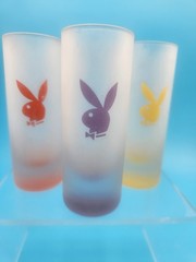 Playboy Bunny Glass Shooters Set of 3 Orange Yellow Purple Designs Frosted