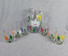 Vintage Bartlett Collins Juice Set Pitcher + 6 Glasses Hand Painted Floral MCM