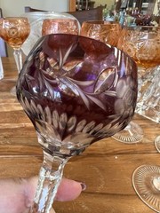 Lausitzer Crystal Wine Hock Wine Glass Purple Florals and Flourish MINT 7.5″