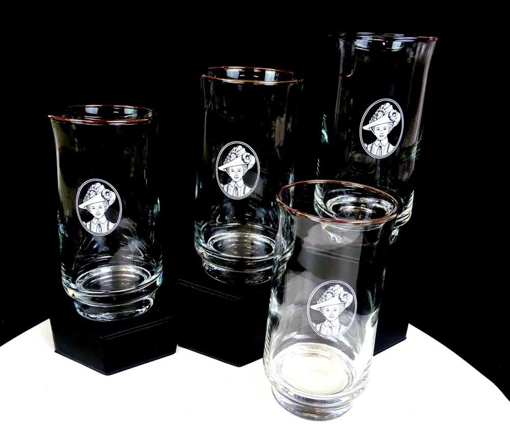 Houze Art Crystal For Avon Mrs Albee Gold Trim 12 Oz 4 Pc 5 1/2″ Glasses 1983