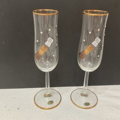 Bockling Rhinestones German Champayne Gold Trim Stem Glasses Set 2-9” Tall
