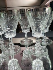 (7) WATER glasses Goblets Crystal, antique cut diamond crosshatch & fans