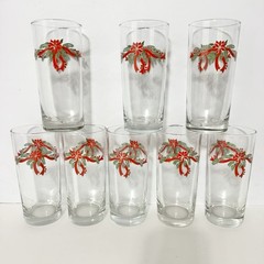 8 Vintage Anchor Hocking Poinsettia & Ribbons Iced Tea Glasses 15 oz Christmas