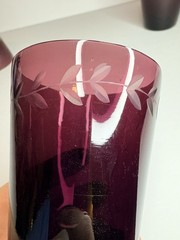 Vintage MCM Amethyst Glass Tumblers Hand Etched Botanical Leaf Pattern Set