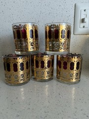 Morphew Abode 1960s Culver Burgundy Art Deco & 22k Gold Lowball Cocktail Glasses