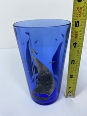 Vintage Hazel Atlas Tumbler Cobalt Blue Sailboat Seagulls Glasses 4 7/8″