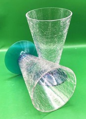 Mid Century Barware Drinking Glasses Crackle Glass Cone Shape Blue Base Set of 2