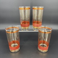 Culver Devon Maroon Red Band Pinstripe Grid 22k Highball Glasses Set Of 4 MCM A