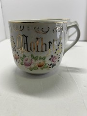 Vintage Gray Porcelain Mother Father Floral Cups Mugs Set Of 2 Unmarked Gold