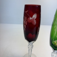 Vintage Ajka Cut to Clear 24% Lead Crystal Champagne Flutes Ruby Red Green Pair