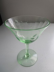 Vintage 1930s Uranium Green Glass Paneled Cocktail Glass Etched Floral Vine