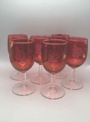 6 Czech Bohemian 5.5″ Wine Glasses Cranberry Stemmed Glassware Etched With Roses