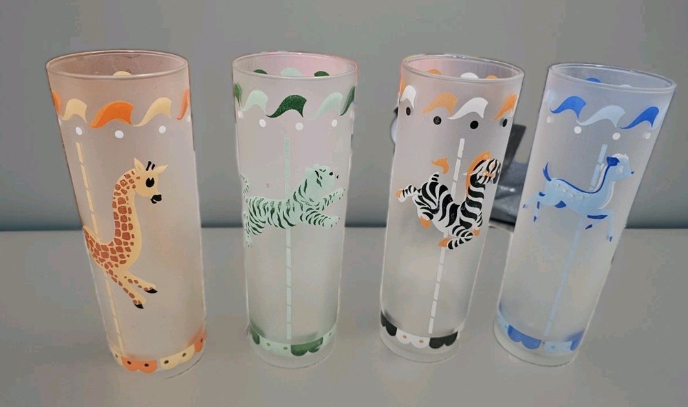 Vintage MCM Libbey Frosted Circus Carousel Tumblers Set Of 4, 7″ Tall