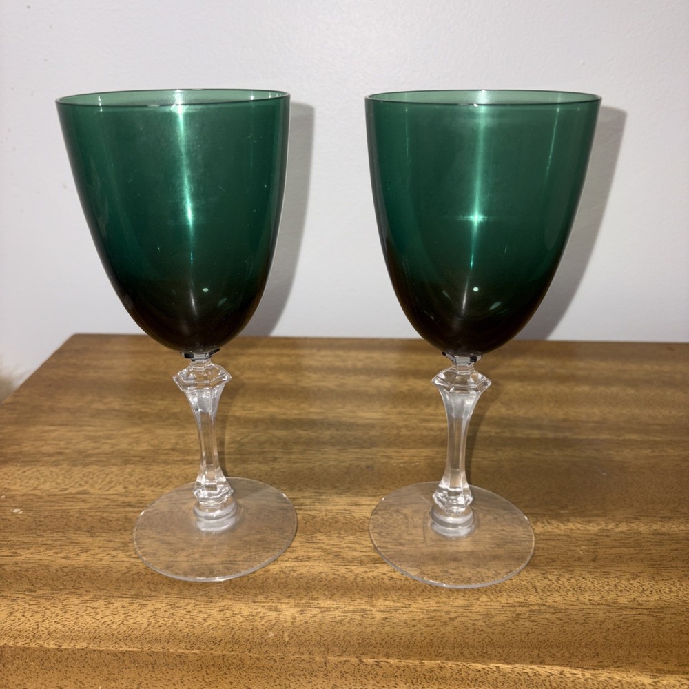 Vintage Emerald Green Crystal Wine Goblets 7.5 Inches