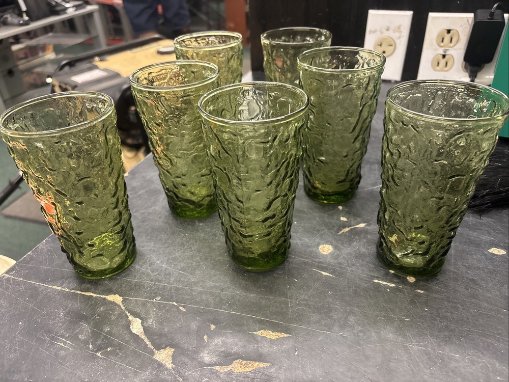 Vtg Anchor Hocking Lido Milano Avocado Olive Green Crinkle Glass Tumbler Set 7