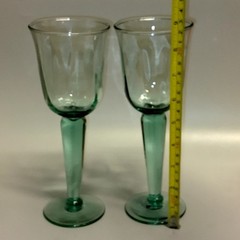 La Mediterranea Recycled Green Glass Goblets Spain Set of 2 Vtg Wide Stemmed Cup