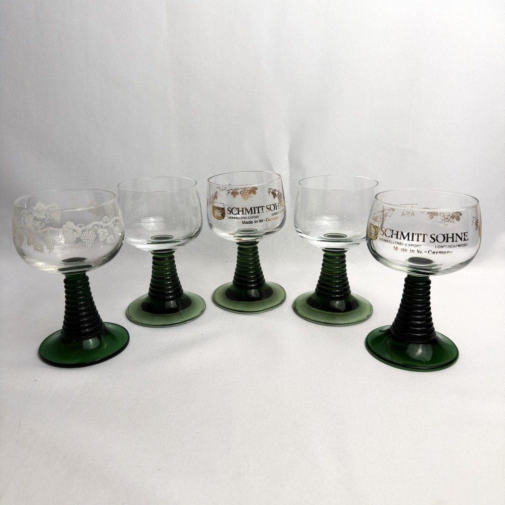 Roemer Vintage Beehive Green Stem Glasses Etched Grapevine Barware 5 pcs.