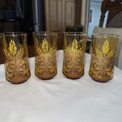 Vintage Libbey Gold Bounty (Wheat and Ribbon) Amber Drinking Glasses 5″ Lot Of 4