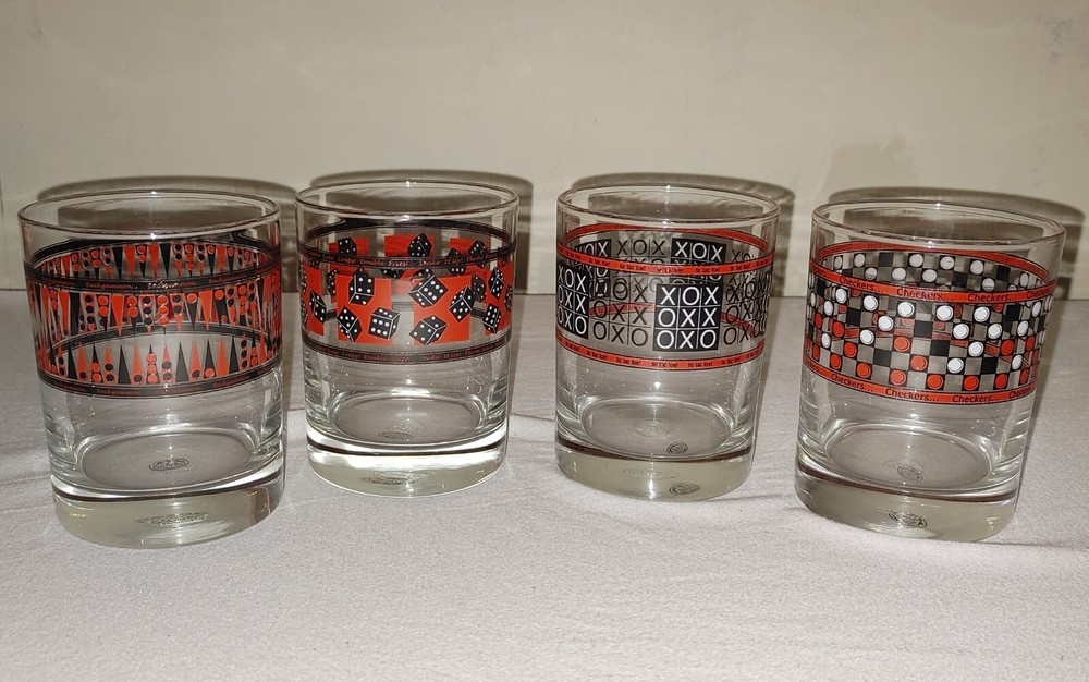 4 Vtg MCM Glass Set Lowball Collins Tumblers Glasses Games Ocean Man Cave Home
