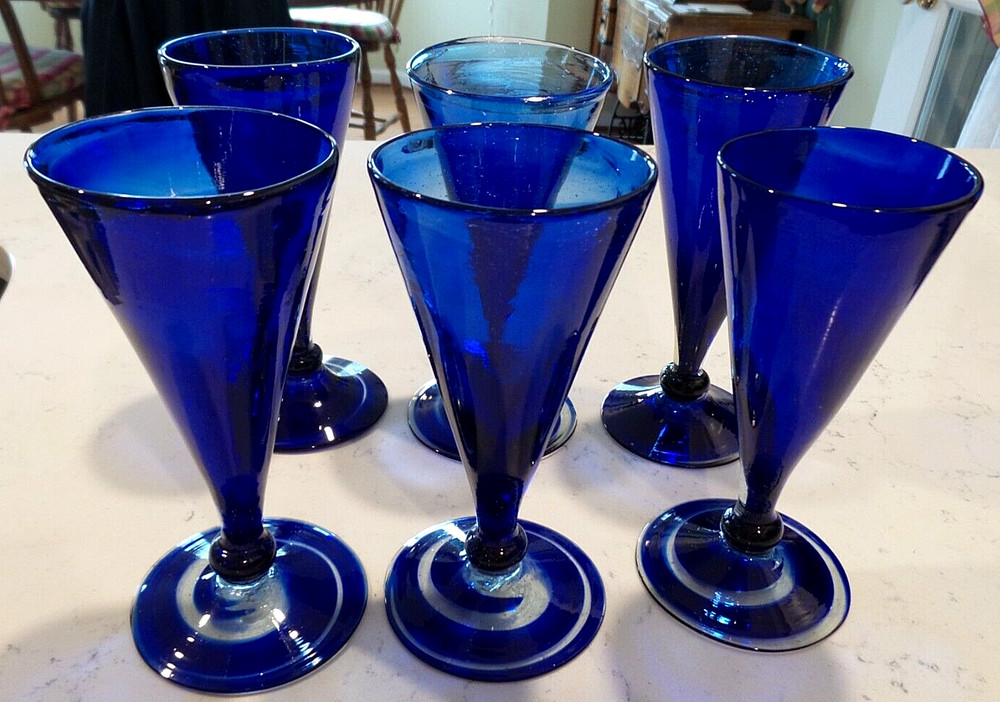 6 Murano Art Glass Cobalt Blue Swirl on base Hand-blown Wine Glasses 7″h
