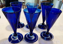 6 Murano Art Glass Cobalt Blue Swirl on base Hand-blown Wine Glasses 7″h