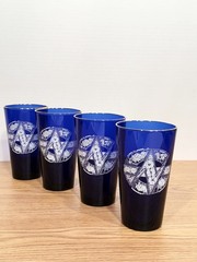 Rare Libbey Cobalt Blue Tumblers – Geometric Design, Gold Rim (Set of 4)