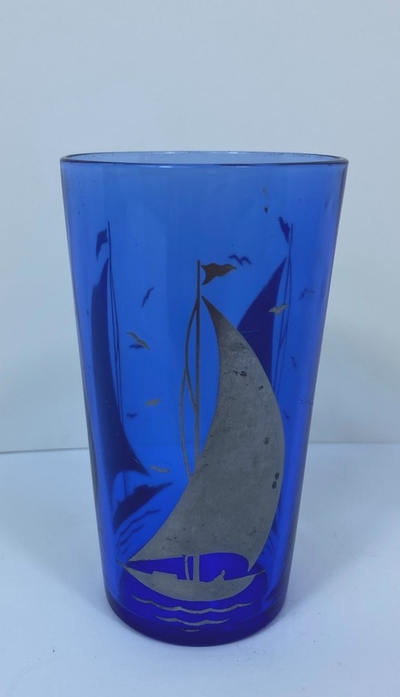 Vintage Hazel Atlas Tumbler Cobalt Blue Sailboat Seagulls Glasses 4 7/8″