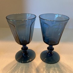 Lenox USA Antique Dark Blue Water Goblet Panels Wafer Wine Stem 5” Set Of 2