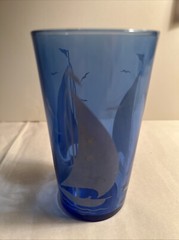 2 Hazel Atlas Cobalt Blue Ships Sailboat Glasses/ Tumblers 3 3/4″