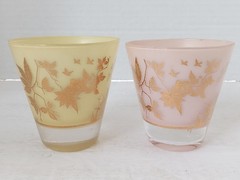 WILLIAM MEIER Half Rocks Glasses 2 Frosted PINK YELLOW Cocktail Glass SIGNED