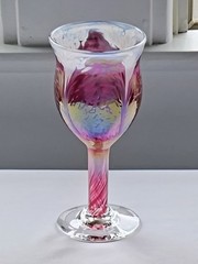 Ron Hinkle Hand Blown Art Glass Iridescent Pink White Wine Goblet Signed 2008