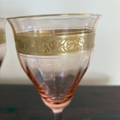 Fry9 By Fry Pink Optic Glass Water Goblets Gold Encrusted Roses Set Of 2