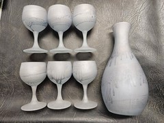 Vintage Hebron Israel Art Glass Drip Glaze Wine Decanter & 6 Glasses Grey & Blue