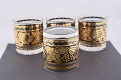 SET OF 4 GEORGES BRIARD SIGNED 22K GOLD/BLACK ROCKS GLASSES TOWN & COUNTRY MCM