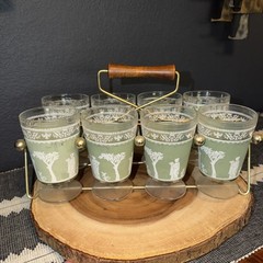 AS-IS 8 VTG Greek Mythology Wedgwood-? Glasses w Carrier Barware MCM SEE PICS