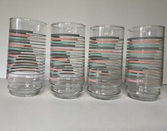 MCM Vintage Tumbler Glasses Set Teal Turquoise Grey Pink Striped Pattern