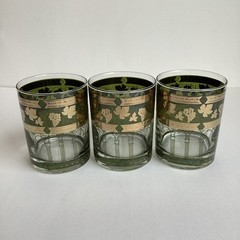 Vintage Cera Double Old Fashioned Glasses 3 Gold Green Grapevine Column Cocktail