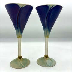 Vtg Newman Ceramic Wine Goblets Pair Purple Green Calla Lily Art Nouveau Style