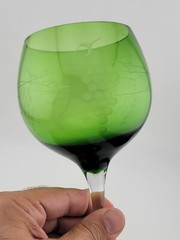Vintage Emerald Green Etched Grape Design Goblet. 8.5 Inch.