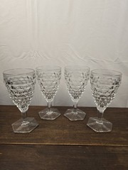 Set Of 4 VTG Fostoria American Clear Stem Water Goblet Glasses Cubist Pattern