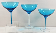 (3) Pier 1 Blue Drip Martini Glasses Set Elegant Table Dining Clear Stemware Lot