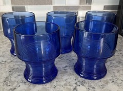 Cobalt Blue Vintage Glasses, Ribbed Base, 4” Tall, 8 oz. Set Of 5, Great Cond.