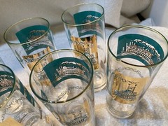 Lot of 7 Vintage Libbey Southern Comfort 22K Gold & Aqua Riverboat Barware GUC