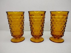 Set of 3 Vintage Indiana Glass Whitehall Amber Footed Tumblers Glasses MCM Gold